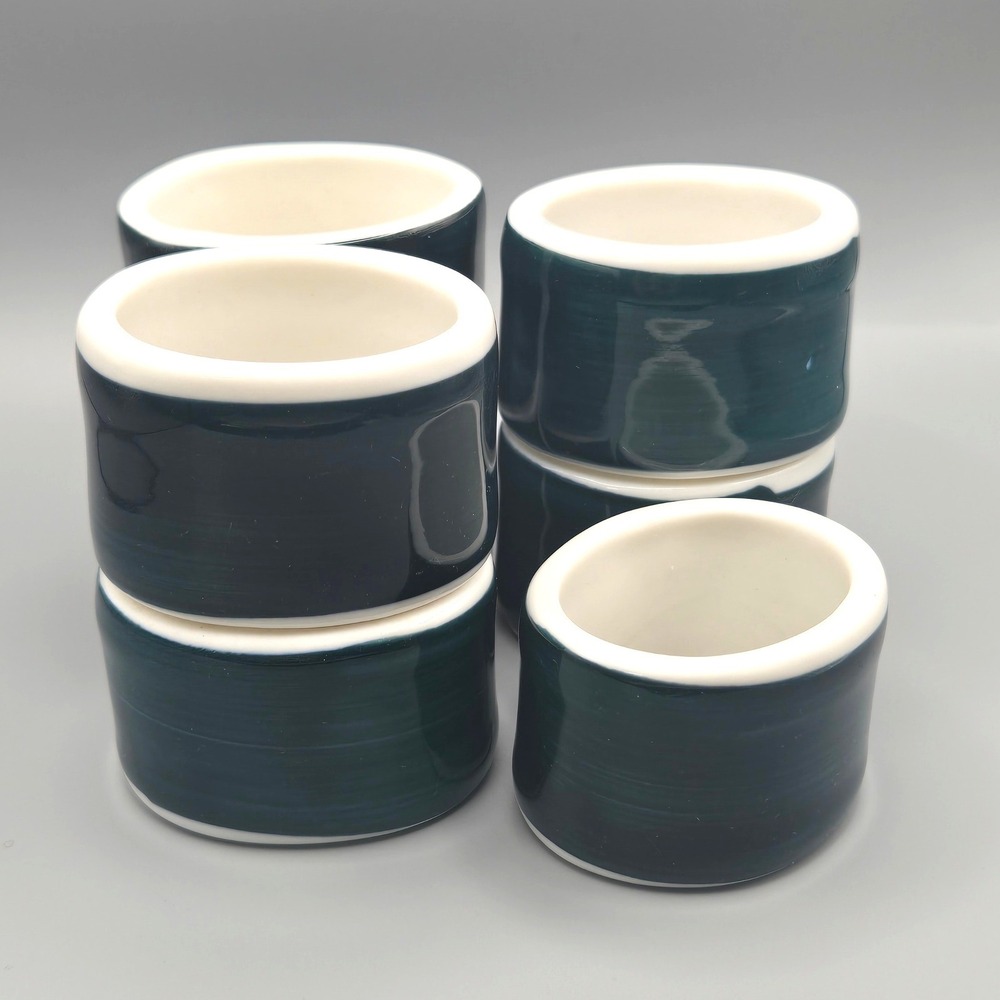 Set of 7 Teal Green and White Ceramic Oval Napkin Rings Handpainted Glossy Glaze